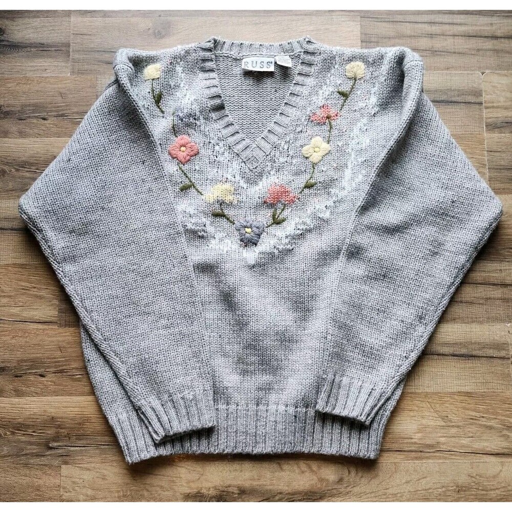 Russ Sweater Womens Large Wool Blend Vintage Floral Embroidered V-neck